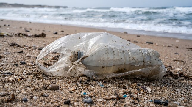 Plastic bottle and trash bag washed up on sandy ocean beach shore