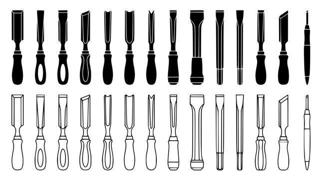 Woodworking Chisel and Gouge Tool Icon Set with Carving Equipment Symbols in Silhouette and Outline Styles for Carpentry and Craft Projects