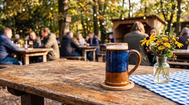 Glazed ceramic beer tankard with foamy lager on rustic wooden table with blue checkered cloth in autumn beer garden, bavarian festival and oktoberfest mood.