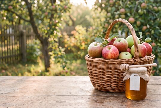 Wicker basket of ripe red and green apples with jar of golden honey and dipper on wooden table in sunny orchard, rosh hashanah and autumn harvest greeting.