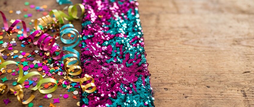 Carnival banner with curling ribbon streamers, colorful confetti and sparkling sequin fabric on rustic wooden table with empty space for festive party text.