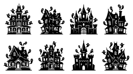 Obraz premium Haunted house silhouette icon set. Spooky mansion and castle vector graphics for Halloween.