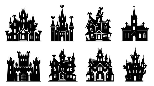 Haunted house silhouette icons. Spooky mansion and gothic castle vector set for Halloween.
