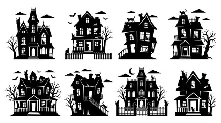 Obraz premium Halloween haunted house silhouettes. Spooky mansion icons for October holiday design.