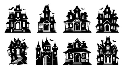 Fototapeta premium Halloween haunted house silhouettes. Spooky mansion icons for holiday party design.