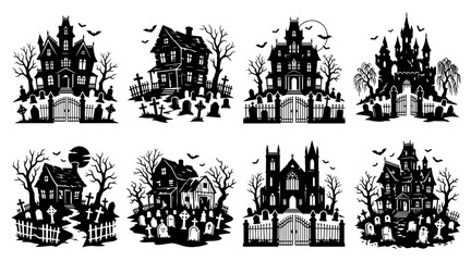 Fototapeta premium Halloween haunted house silhouettes. Spooky mansion and graveyard icons for holiday design.