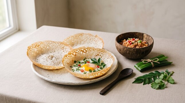 A clean minimalist still life of Sri Lankan hoppers with coconut shell, pandan leaves, and fresh herbs on a neutral background, elegant food presentation, soft shadow, modern editorial style, premium 
