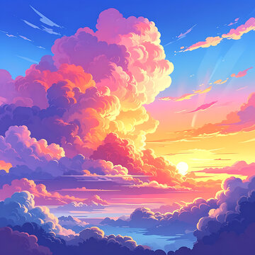 pixel art sunset with vibrant pink and orange clouds over a calm ocean, dreamlike atmosphere