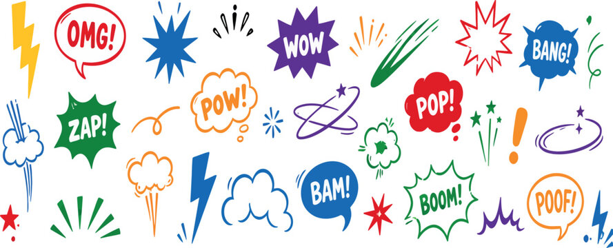 Colorful Comic Speech Bubbles and Onomatopoeia Vector Set featuring Pop Art Style Action Words like OMG, POW, BANG, and BOOM with Comic Book Design Elements for Creative Graphic Projects.