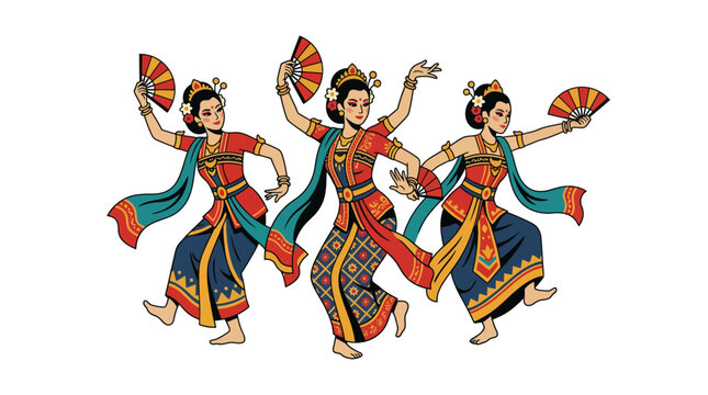 Three graceful dancers in traditional colorful costumes with fans, performing an elegant dance.