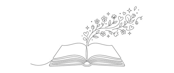 Open book with blooming flowers and hearts illustration © Lilis