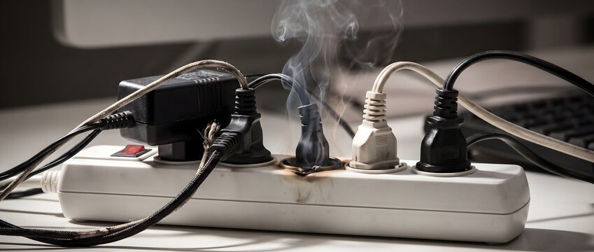 Smoking electrical power strip with a short circuit causing a fire hazard