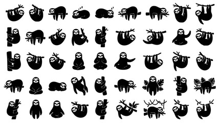 Cute sloth silhouette character collection featuring tropical wild animals hanging on branches sleeping climbing sitting and meditating black vector illustration isolated on white background © Salma