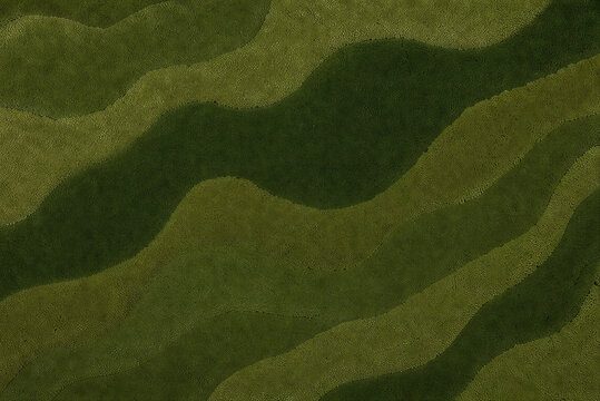 Green camouflage pattern texture, military olive drab fabric surface, abstract wavy forest green textile background for tactical gear and hunting apparel