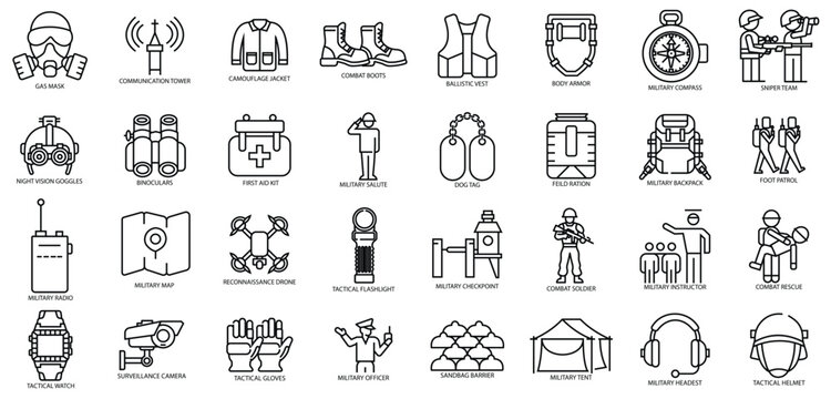 Set of military equipment thin line vector illustration featuring gear weapons tools and tactical items for armed forces personnel represented as clear black outline icon collection.