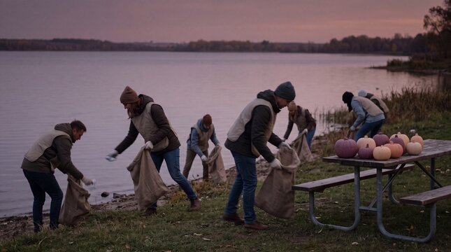 Volunteers with burlap sacks cleaning lake shore at autumn dusk near picnic table with pumpkins, community environmental care and teamwork concept.