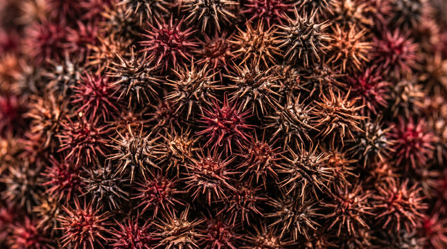 Detailed macro view of multiple sharp red and brown prickly seed pods covering the frame