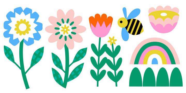 simplified flowers with bee and rainbow vector illustration bold colors petals leaves garden nature childish fun playful design graphic art clipart element pattern