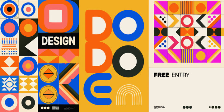 modern abstract geometric posters with overlapping shapes and bold colors design pattern artwork graphic contemporary visual composition square circle triangle rectangle typography text