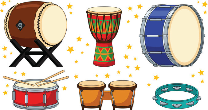 Traditional percussion musical instruments vector illustration set featuring djembe taiko bass drum bongo snare with sticks and tambourine on starry background