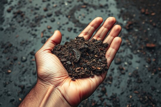 M&auml;nnliche Hand h&auml;lt Erde &uuml;ber Erdboden, Landwirtschaft mit guter, n&auml;hrstoffreicher Erde f&uuml;r den Garten