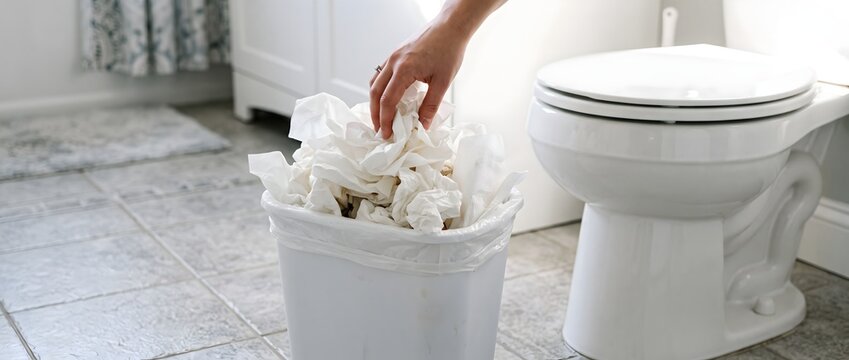 Woman's hand disposes of crumpled paper tissues into a trash can in a bathroom.