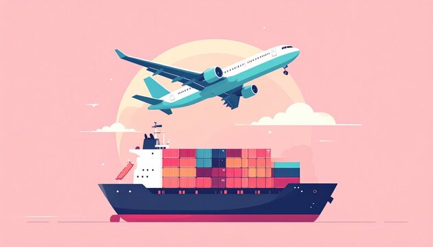 Airplane flies over cargo ship, symbolizing global trade and logistics