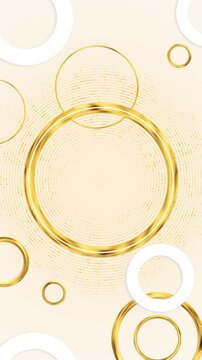 Cream gold circle design shiny metallic hoops, radial dot patterns, open center copy space. cosmetic promos, elegant presentations, festive intros, luxury branding, invitation animated title layouts.