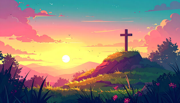 Pixel art sunrise over rolling hills with a cross on a peak, warm colors, serene landscape