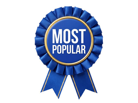 3D render of a blue rosette award ribbon with gold trim. a center features the text "MOST POPULAR" in bold white letters. Includes folded satin ribbons and tails. Isolated on a transparent background