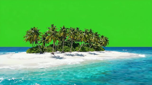 Tropical paradise island with palm trees and blue ocean isolated on a green screen background for video compositing