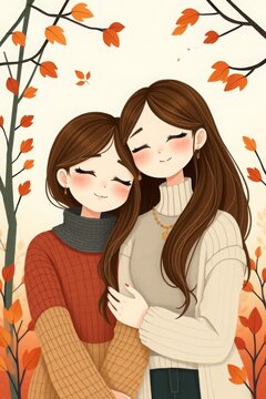 Illustration von zwei Freundinnen in Herbstkleidung im Herbstumgebung, die sich aneinander kuscheln, M&auml;dchen im Herbst