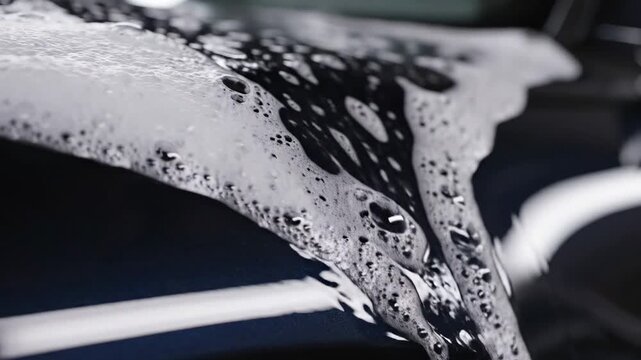 Car wash process with soap and water on dark surface at an auto detailing shop