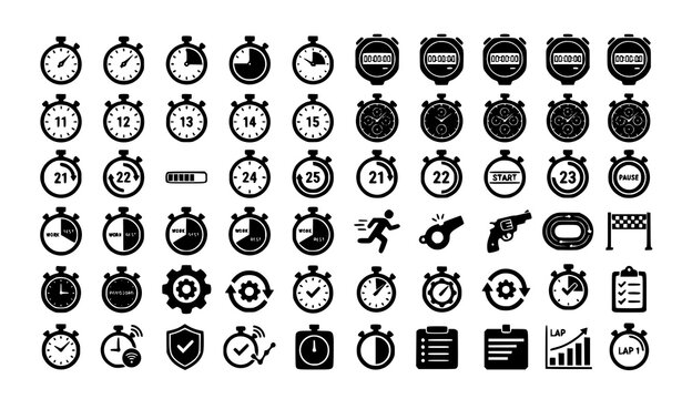 Minimal Stopwatch Flat Glyph Icons Time Management Vector Set