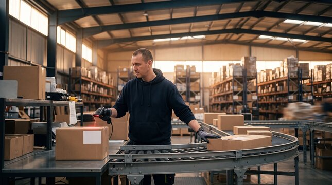 Warehouse worker scanning barcode on cardboard box moving along roller conveyor in distribution center, logistics and order fulfillment concept.