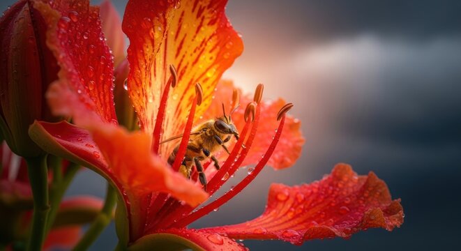 a honey bee foraging inside a Royal Poinciana flower, commonly known as a Gulmohar (Delonix regia).