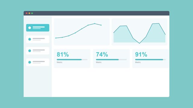 statistics dashboard in a browser window with line and area charts and KPI cards, teal color scheme