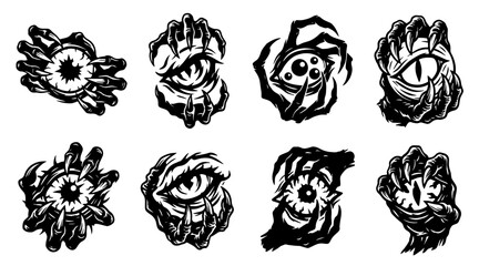 Obraz premium Halloween monster eye silhouettes. Scary creature hands holding eyeballs for horror design.