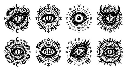 Mystical eye symbols with occult runes. Esoteric magic icons for Halloween and dark fantasy. © MDSHOFIULAZAM