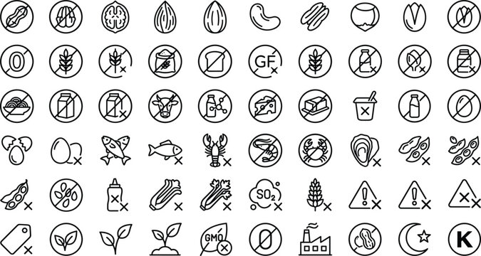  Food Allergen and Dietary Restriction Circle Line Icon Set featuring Gluten Free Dairy Free Nut Free Seafood Warning Cross Labels and Dietary Certification Symbols