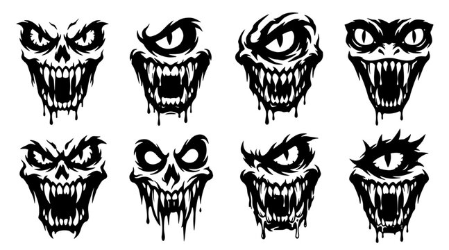 Halloween monster faces set. Scary creature silhouettes with sharp teeth and evil eyes.