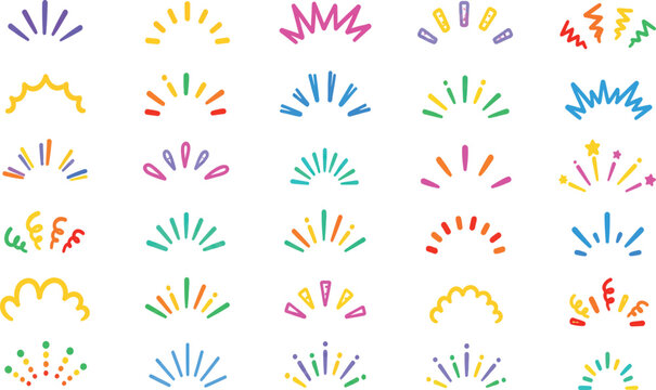 Comprehensive Collection of Colorful Hand-Drawn Vector Burst Icons, Sunbursts, and Comic Style Explosion Elements. Ideal for Social Media Highlights, Marketing Graphics, and Celebrations.