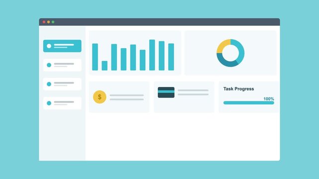 sales dashboard in a browser window with a bar chart, donut chart and stat cards, aqua color scheme