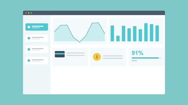 report dashboard in a browser window with an area chart, bar chart and stat cards, teal color scheme
