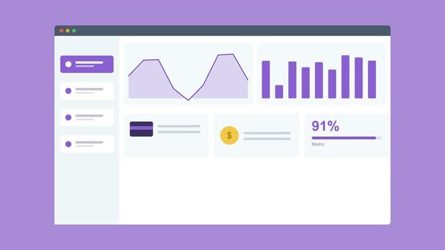 report dashboard in a browser window with an area chart, bar chart and stat cards, violet color scheme