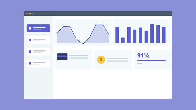 report dashboard in a browser window with an area chart, bar chart and stat cards, indigo color scheme