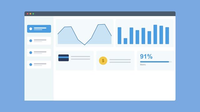 report dashboard in a browser window with an area chart, bar chart and stat cards, blue color scheme