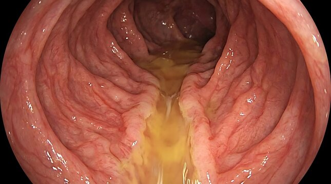 Endoscopic view showing interior human intestinal lining with fluid flowing through the lumen with captures endoscopic perspective colon wall