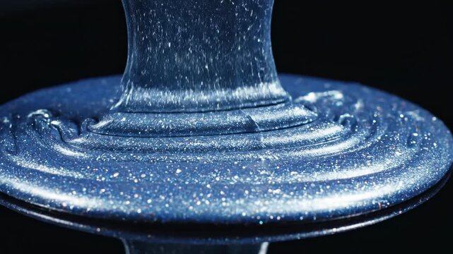 Glittering liquid flows from a glass on a dark surface at a studio