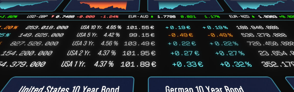 Stock market screen, bond trading screen, interest rates, prices, theme. Financial market, yield, debt financing, treasury bond, coupon, central bank rate, credit score, market data.